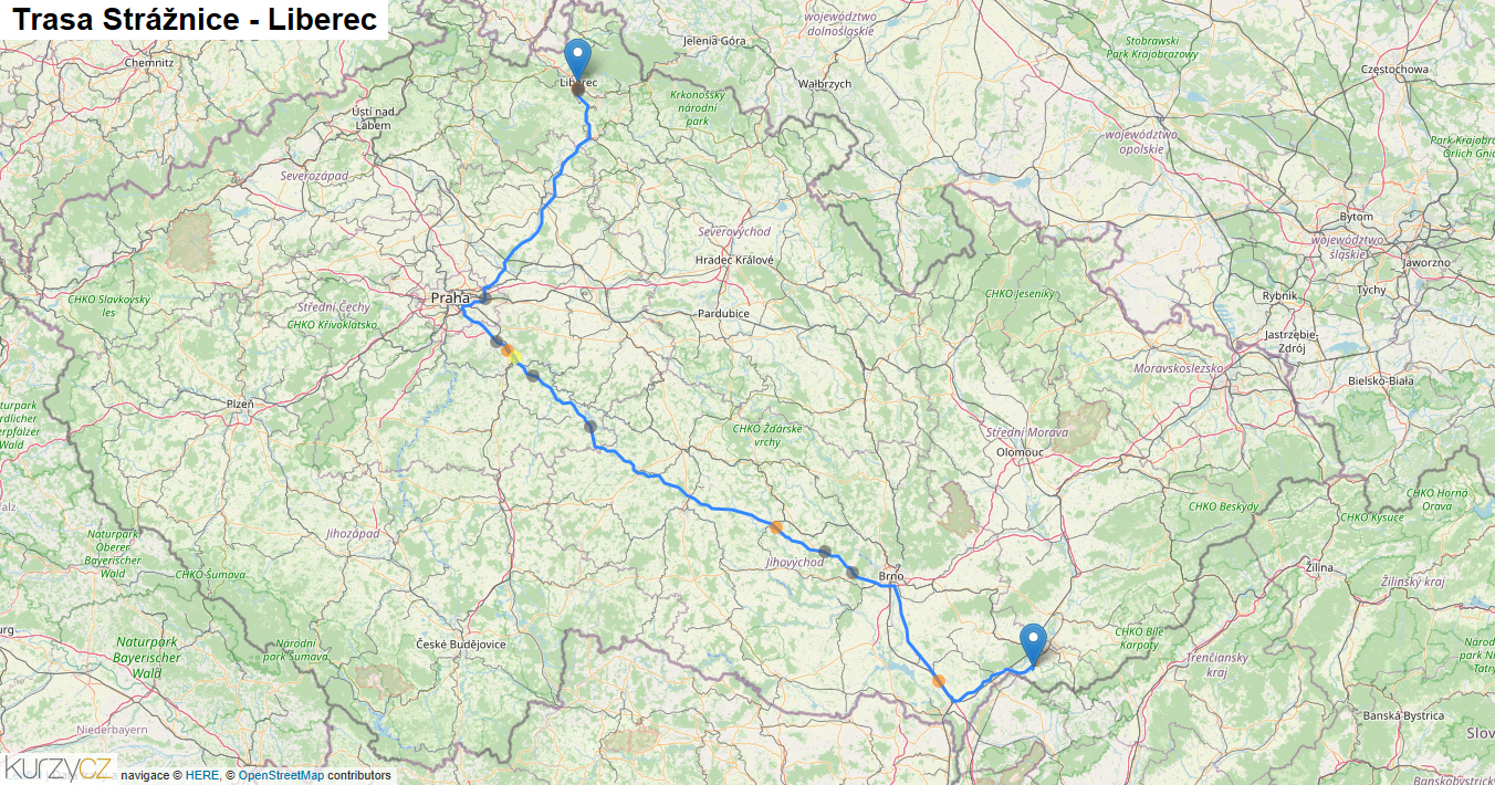 Strážnice-Liberec, mapa trasy
