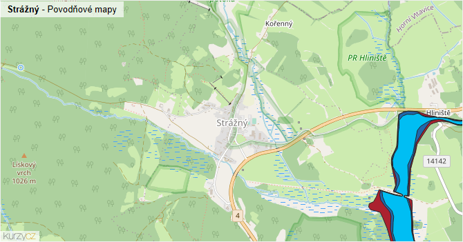 Strážný - záplavové mapy stoleté vody