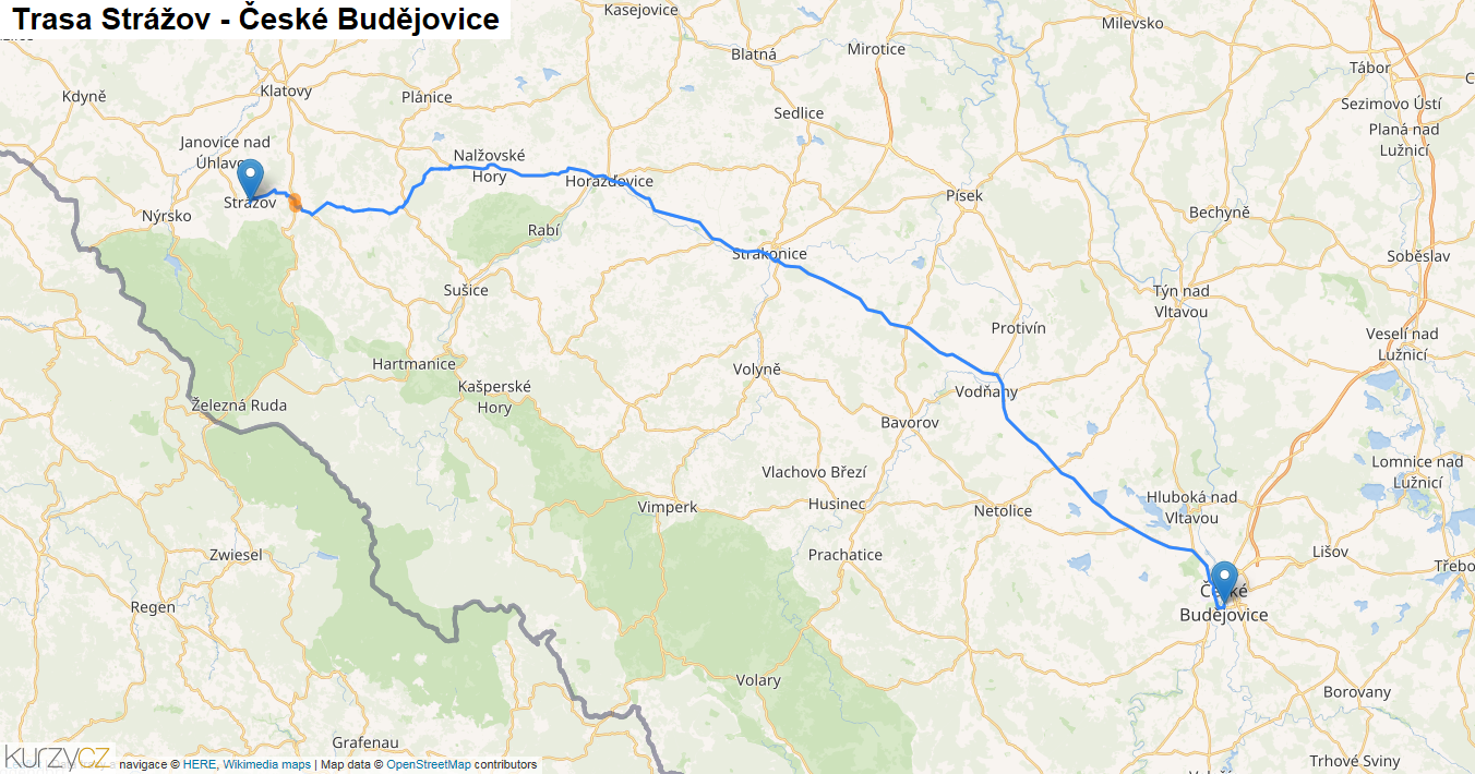 Strážov-České Budějovice, mapa trasy