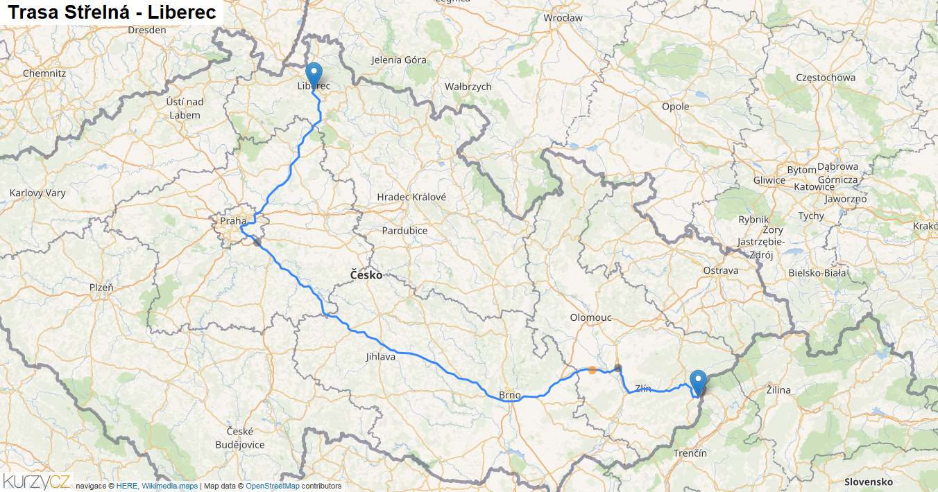 Střelná-Liberec, mapa trasy