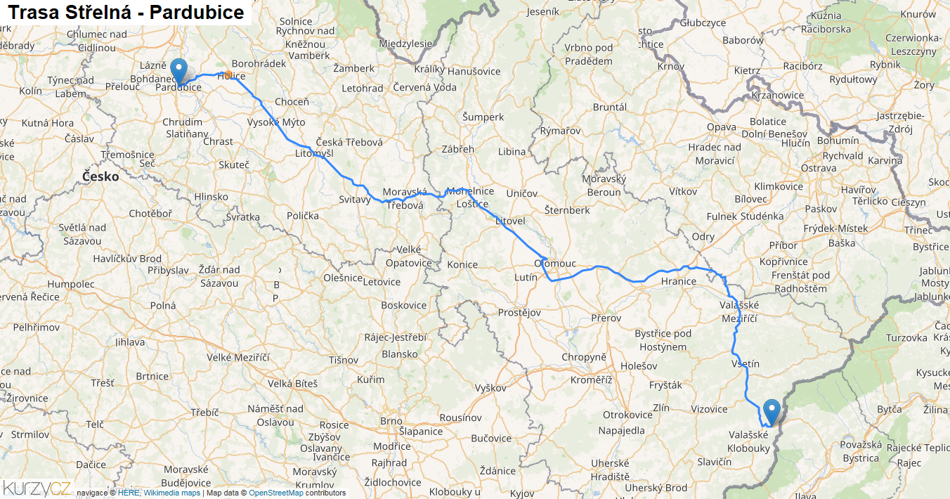 Střelná-Pardubice, mapa trasy