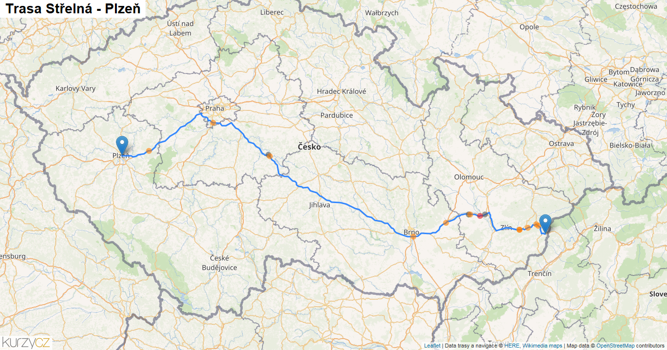 Střelná-Plzeň, mapa trasy