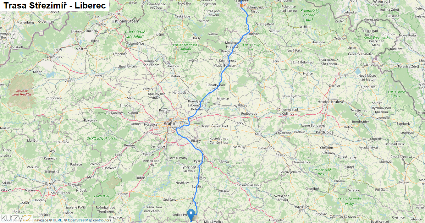 Střezimíř-Liberec, mapa trasy