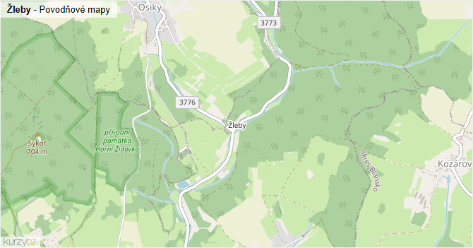 Žleby - záplavové mapy stoleté vody