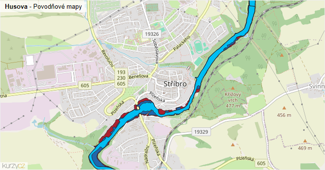 Husova - záplavové mapy stoleté vody