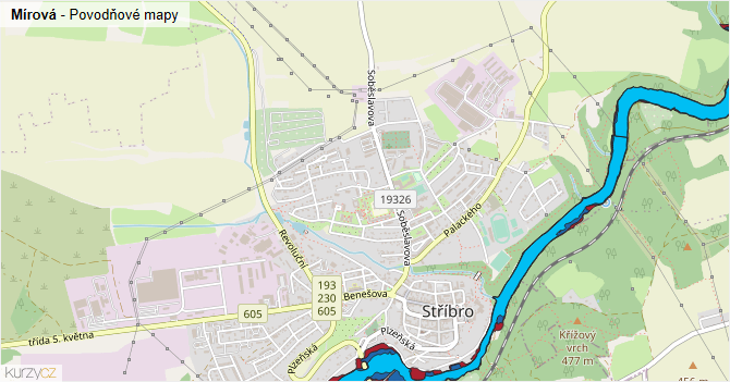 Mírová - záplavové mapy stoleté vody