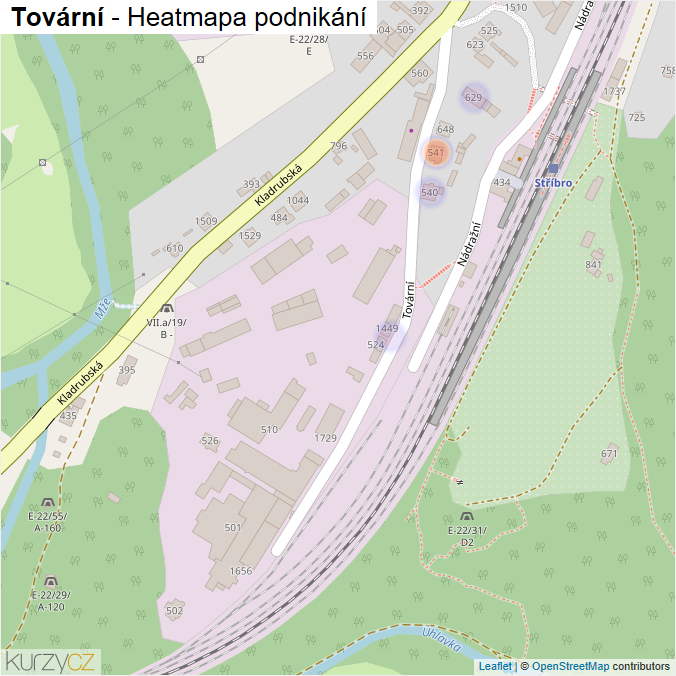 Mapa Tovární - Firmy v ulici.