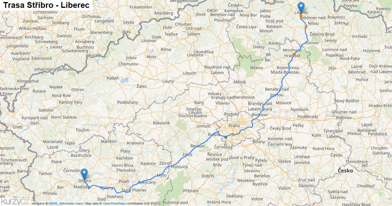 Stříbro-Liberec, mapa trasy