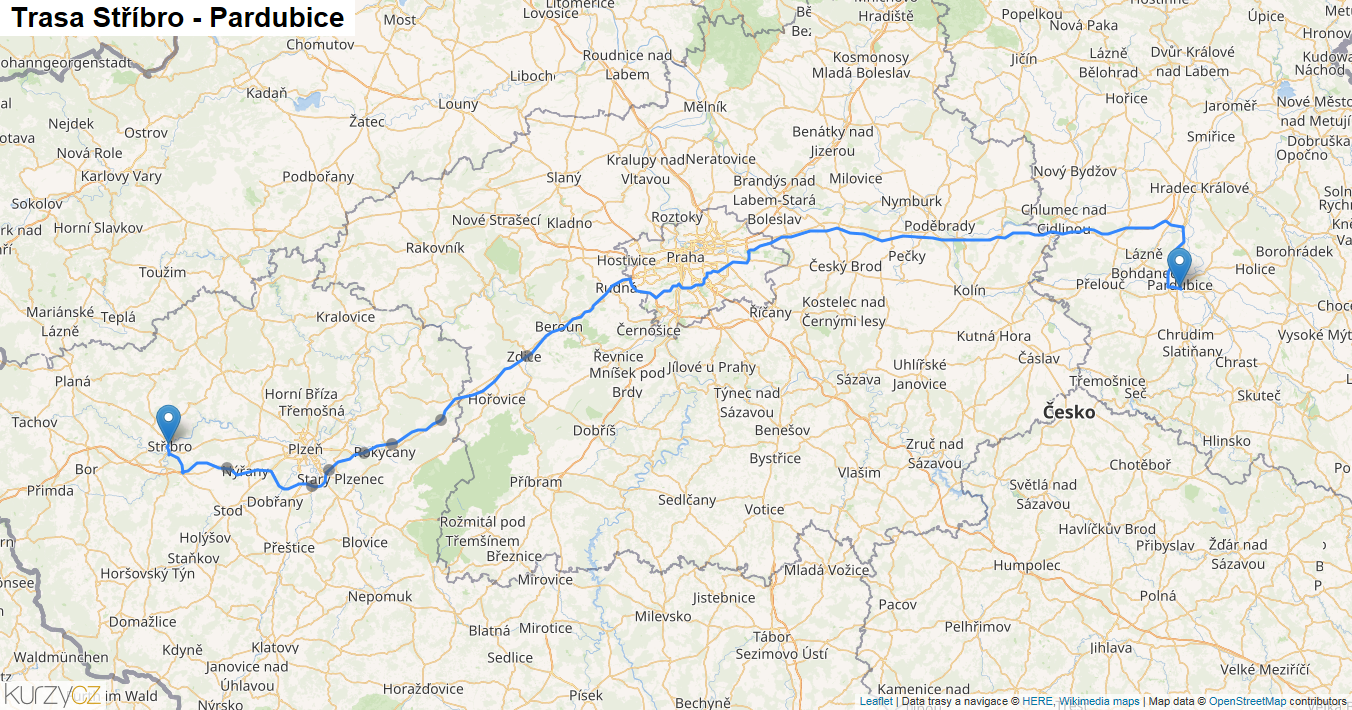 Stříbro-Pardubice, mapa trasy
