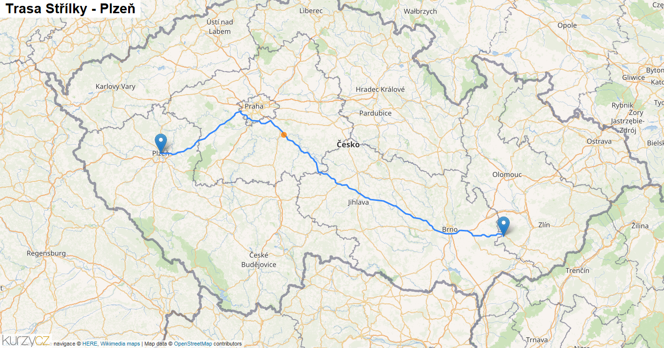 Střílky-Plzeň, mapa trasy