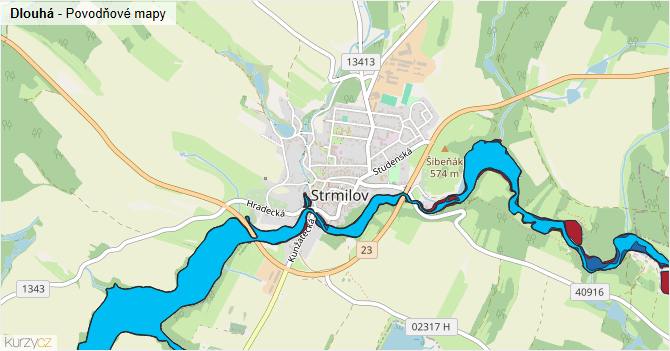 Dlouhá - záplavové mapy stoleté vody