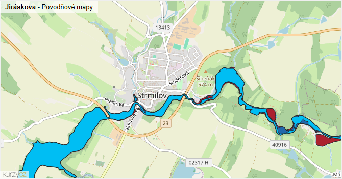 Jiráskova - záplavové mapy stoleté vody