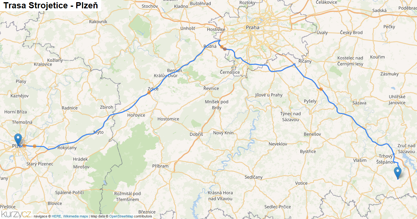 Strojetice-Plzeň, mapa trasy