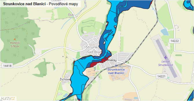 Strunkovice nad Blanicí - záplavové mapy stoleté vody