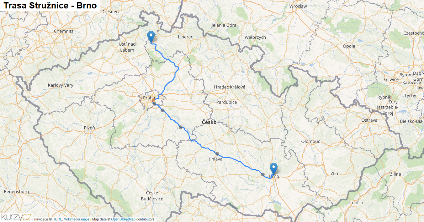 Stružnice-Brno, mapa trasy