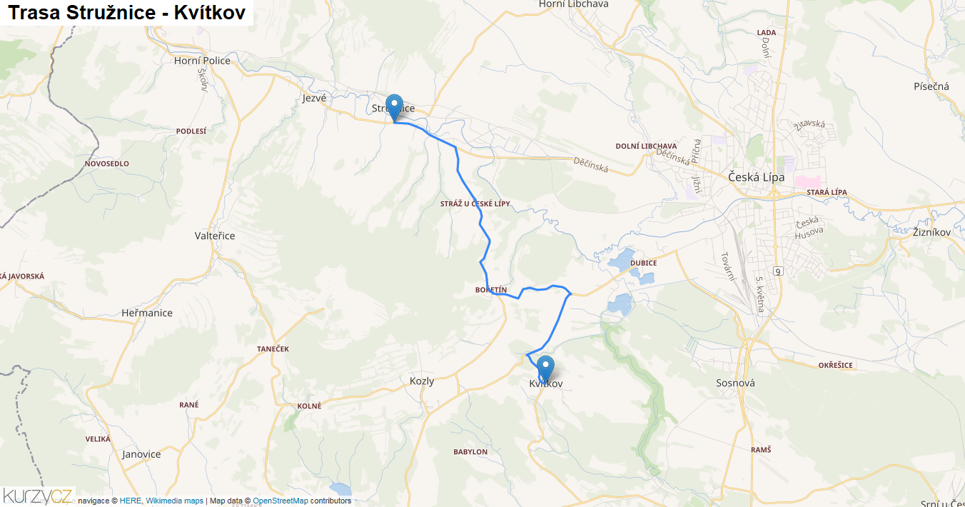 Stružnice-Kvítkov, mapa trasy