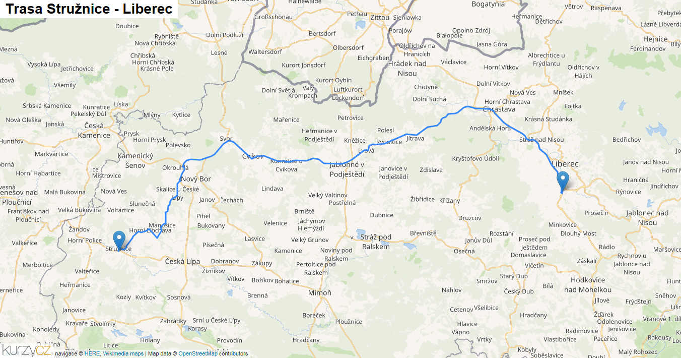Stružnice-Liberec, mapa trasy