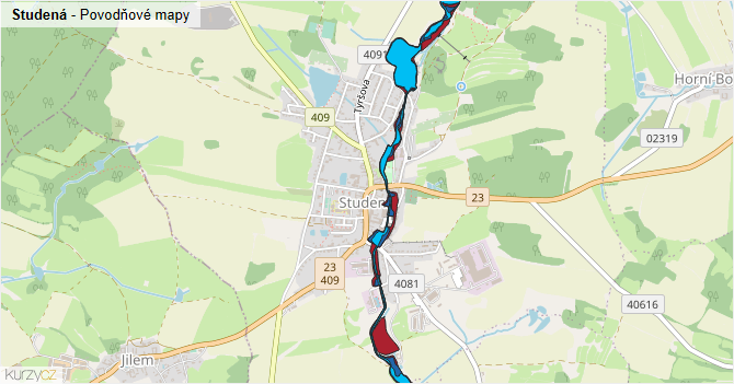 Studená - záplavové mapy stoleté vody