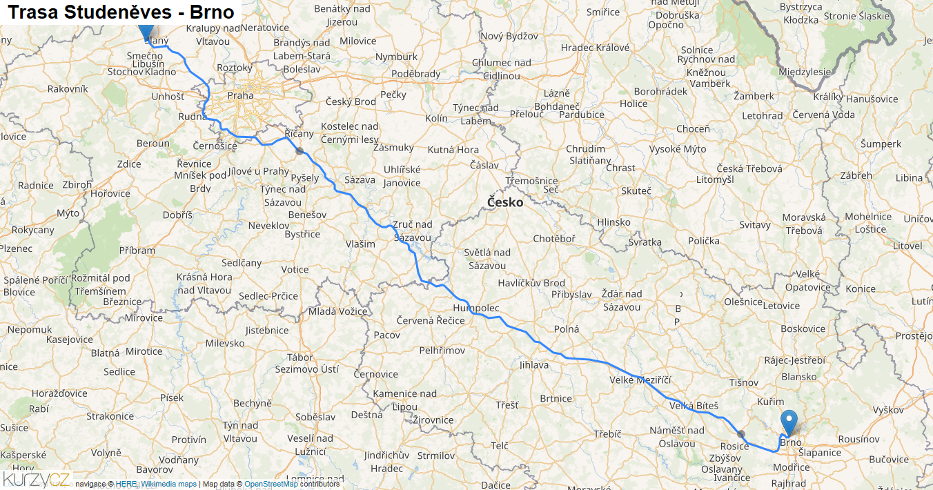 Studeněves-Brno, mapa trasy