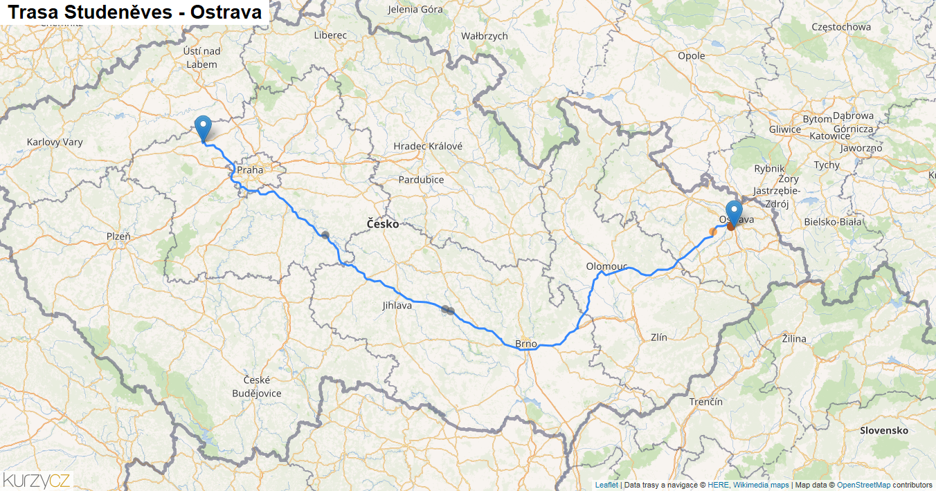 Studeněves-Ostrava, mapa trasy