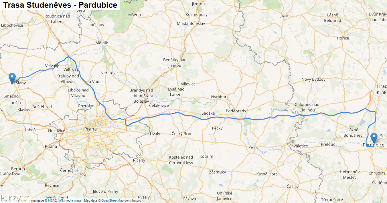 Studeněves-Pardubice, mapa trasy