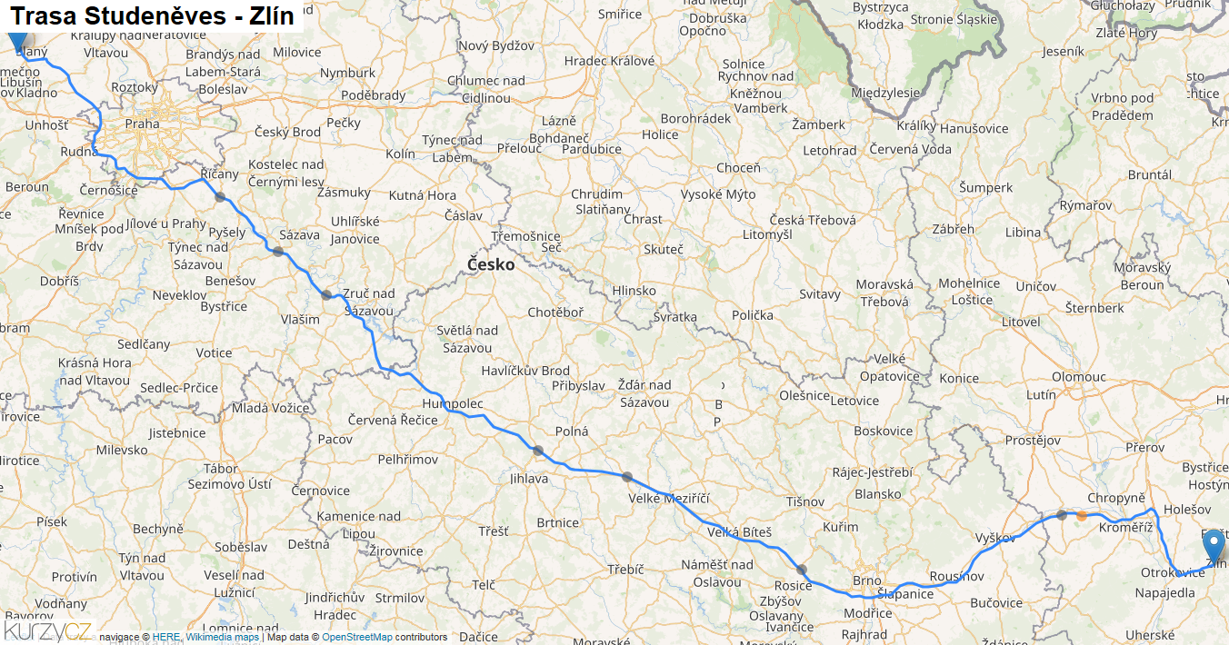 Studeněves-Zlín, mapa trasy