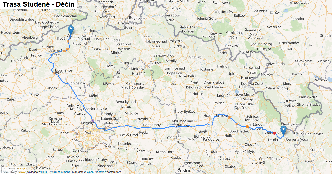 Studené-Děčín, mapa trasy