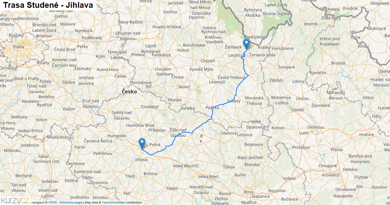 Studené-Jihlava, mapa trasy