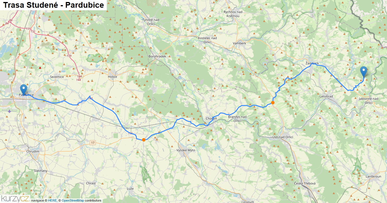 Studené-Pardubice, mapa trasy