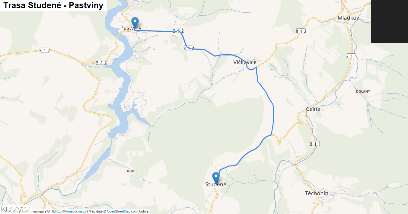 Studené-Pastviny, mapa trasy