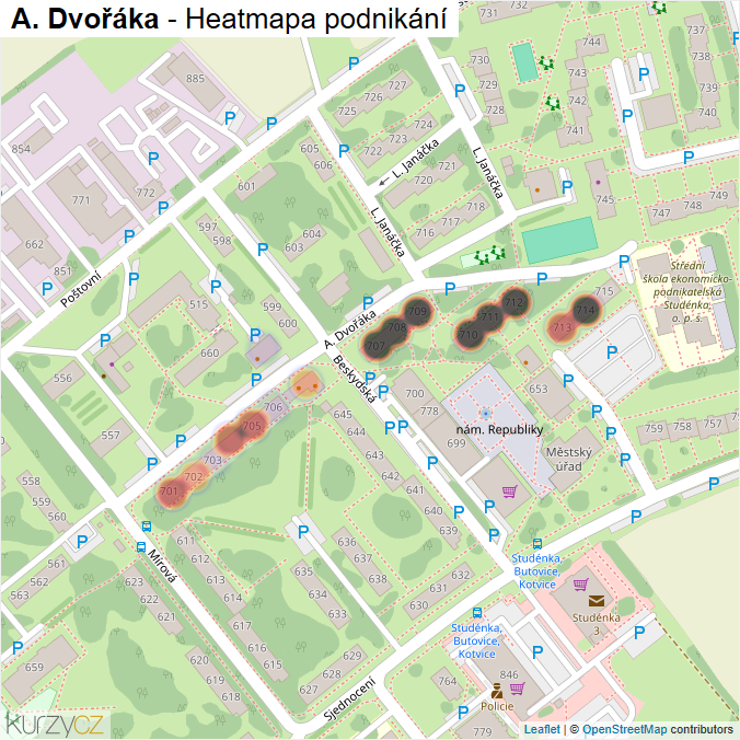 Mapa A. Dvořáka - Firmy v ulici.