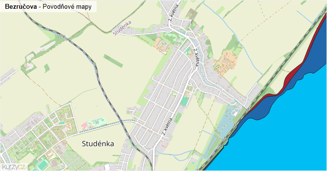 Bezručova - záplavové mapy stoleté vody