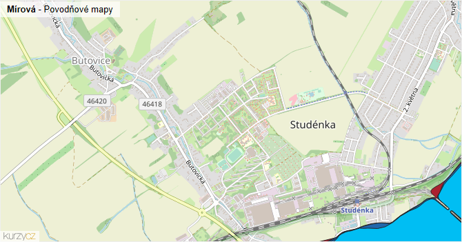 Mírová - záplavové mapy stoleté vody