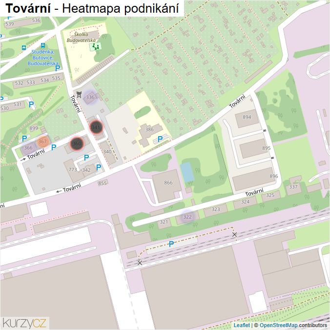 Mapa Tovární - Firmy v ulici.