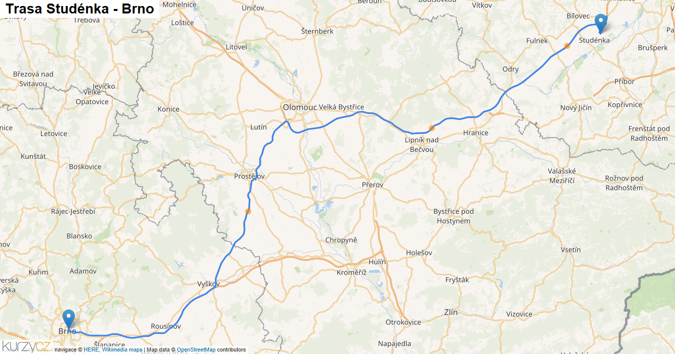 Studénka-Brno, mapa trasy
