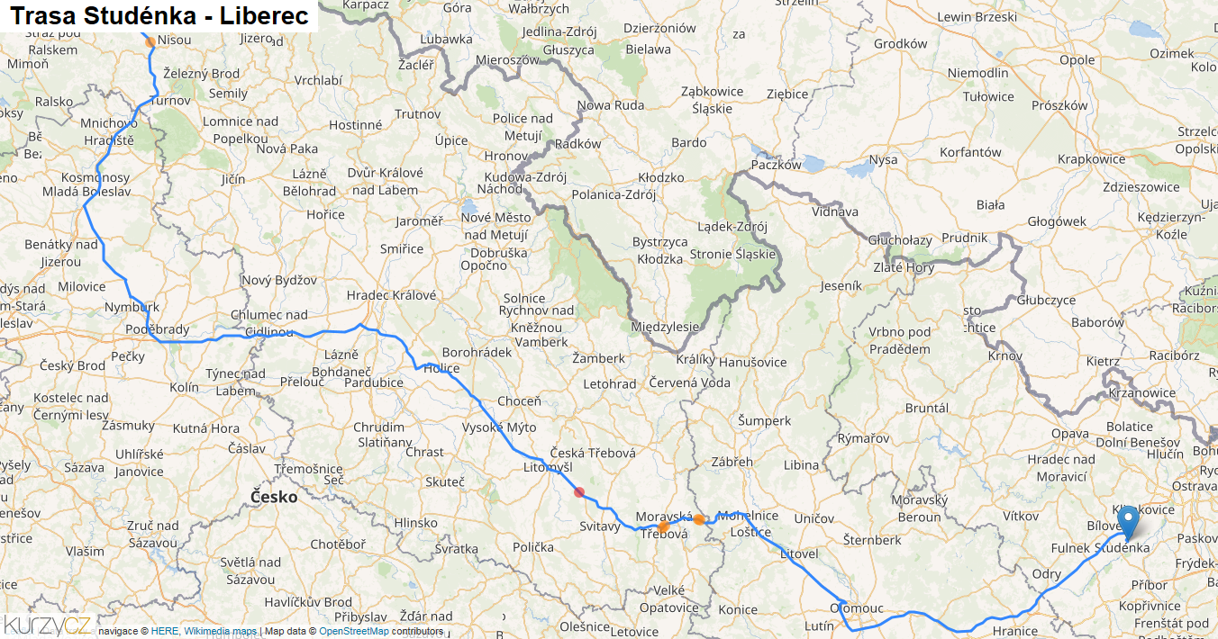 Studénka-Liberec, mapa trasy