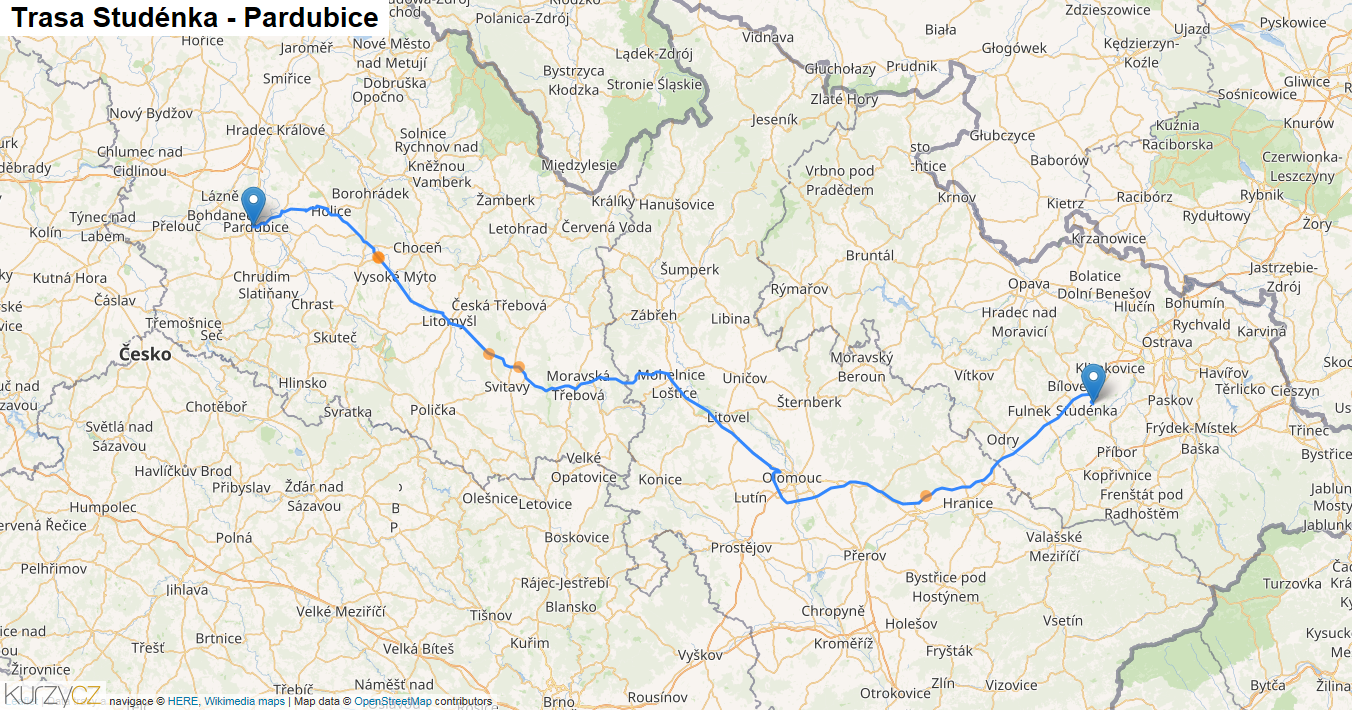 Studénka-Pardubice, mapa trasy