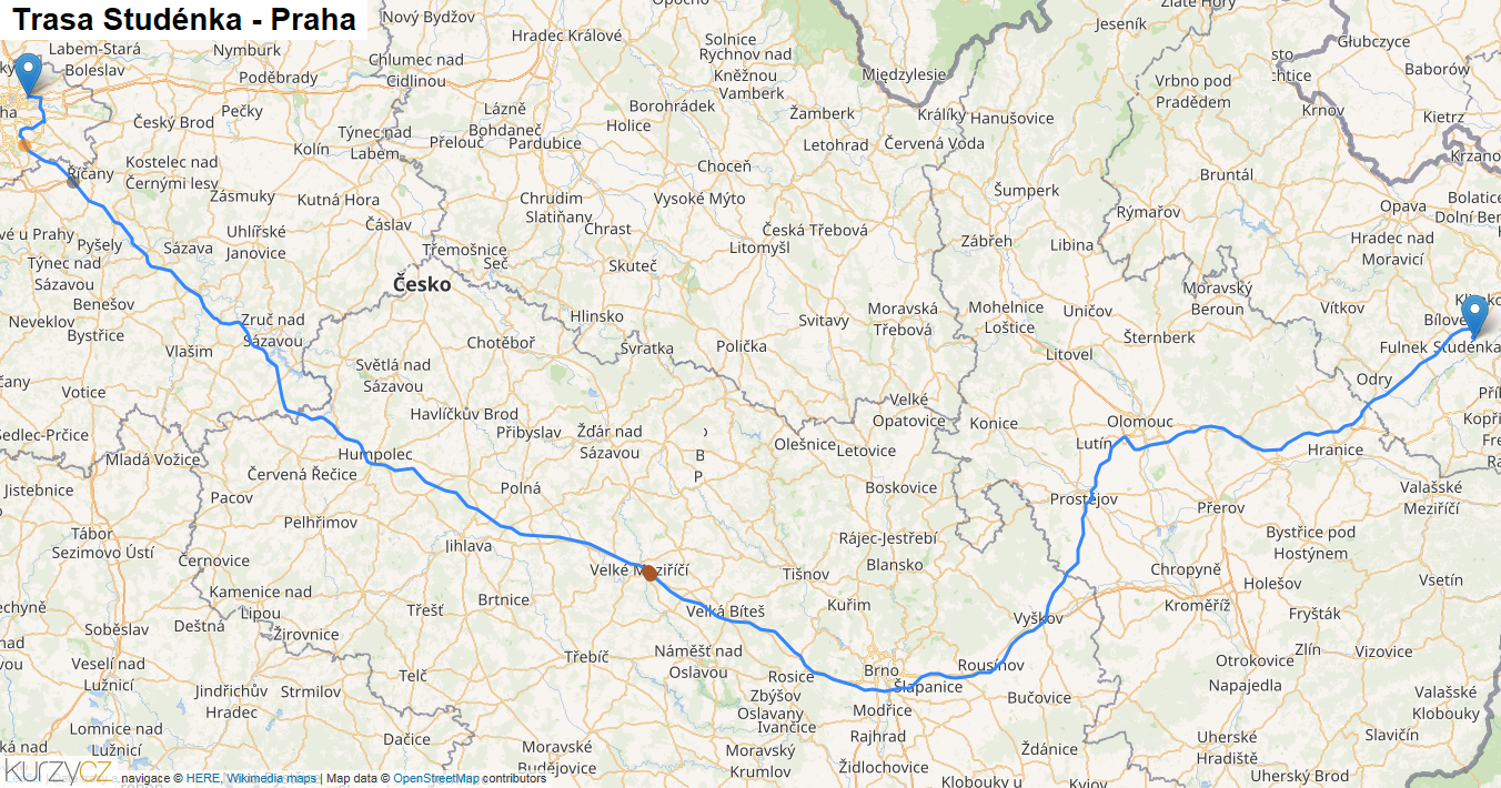 Studénka-Praha, mapa trasy