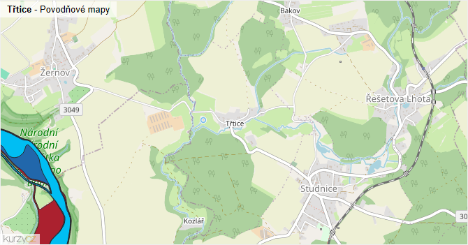 Třtice - záplavové mapy stoleté vody