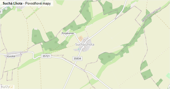 Suchá Lhota - záplavové mapy stoleté vody