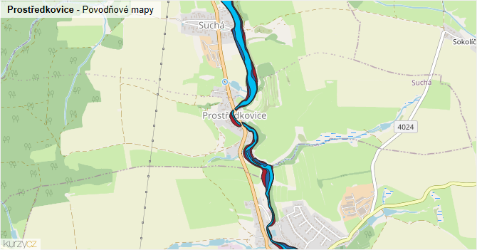 Prostředkovice - záplavové mapy stoleté vody