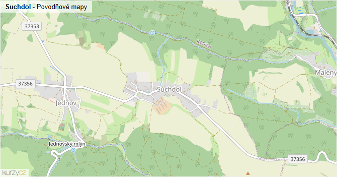 Suchdol - záplavové mapy stoleté vody