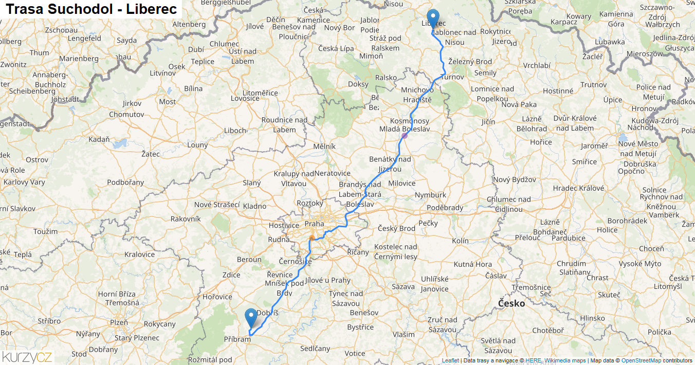 Suchodol-Liberec, mapa trasy