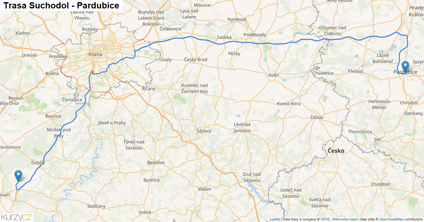 Suchodol-Pardubice, mapa trasy