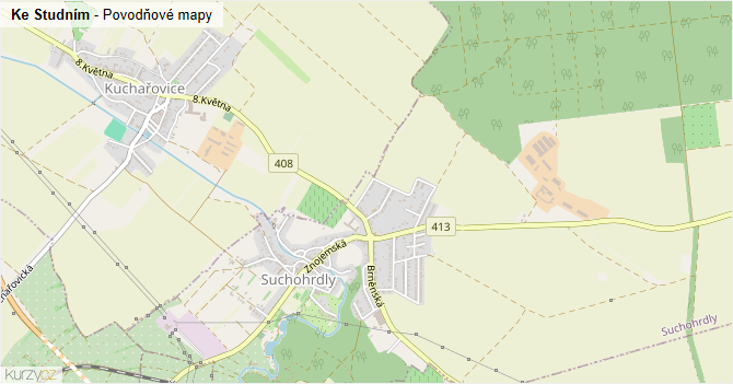 Ke Studním - záplavové mapy stoleté vody