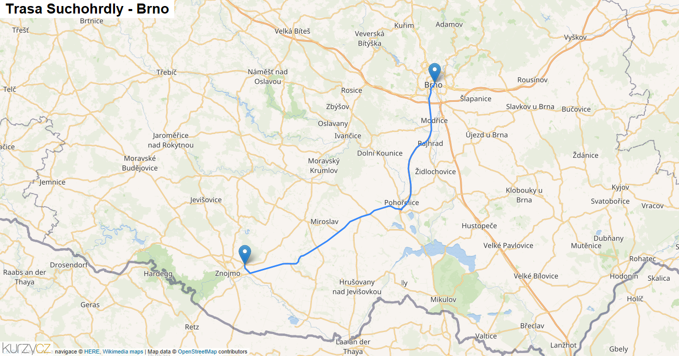 Suchohrdly-Brno, mapa trasy