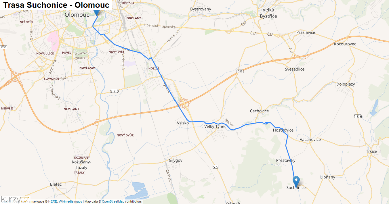 Suchonice-Olomouc, mapa trasy