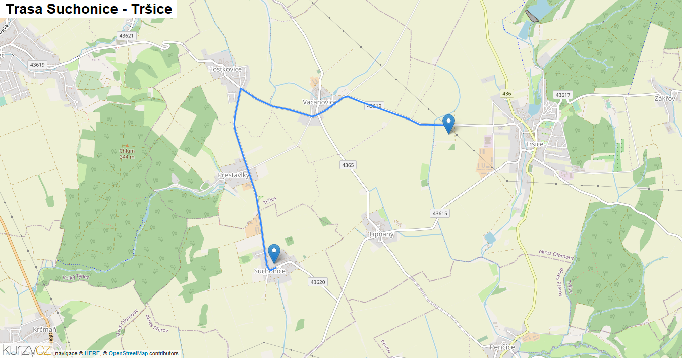 Suchonice-Tršice, mapa trasy