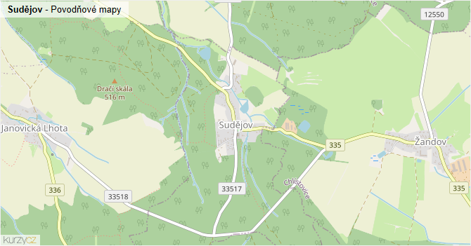 Sudějov - záplavové mapy stoleté vody