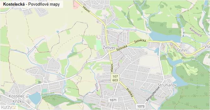 Kostelecká - záplavové mapy stoleté vody